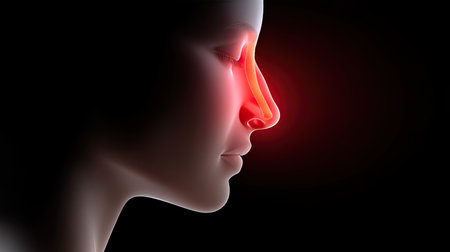 This striking image features a silhouette of a human face in profile with a glowing nose, highlighting features in a dramatic interplay of light and shadow.の素材