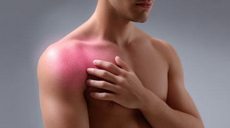 A close-up portrayal of a man's shoulder captured in a studio setting, featuring a shimmering skin highlight that emphasizes body care and wellness.の素材