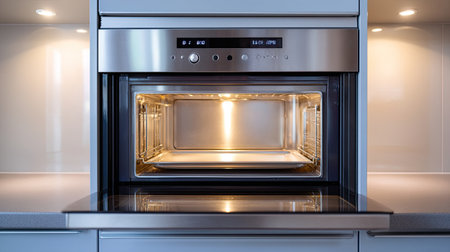 A sleek stainless steel built-in microwave oven featuring an open door, bright interior light, and seamless integration into a modern kitchen design.の素材