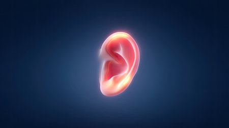 A captivating abstract illustration of a human ear, glowing against a dark blue background, representing sound perception and human anatomy creatively.の素材