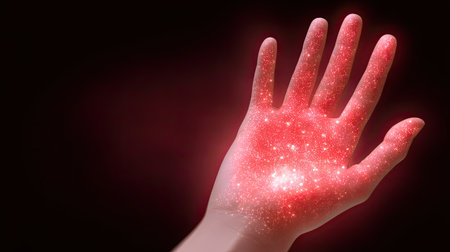 A captivating image of a human hand illuminated with cosmic red particles symbolizing energy and creativity. This artwork embodies imagination and the universe's mysteries.の素材