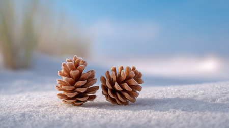 This image features two beautifully detailed pine cones resting on soft, snowy ground. The gentle blue sky creates a serene and tranquil atmosphere, perfect for seasonal themes.の素材