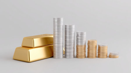 This image showcases stacks of gold bars and coins in varying heights, symbolizing financial growth, investment progress, and prosperity in wealth management.の素材