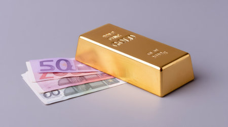 A stunning gold bullion bar placed alongside euro currency notes, symbolizing wealth and investment opportunities in a modern financial landscape.の素材