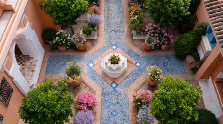 This enchanting courtyard garden features lush greenery, vibrant flowers, and a beautiful mosaic pathway, creating a serene outdoor retreat.の素材