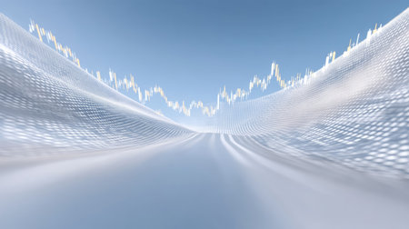 This abstract image portrays a futuristic financial landscape, showcasing dynamic market trends through a digital wave against a serene blue sky.の素材