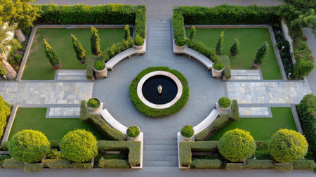This beautiful aerial view captures a symmetrical garden design with lush greenery, pathways, and a central fountain, perfect for relaxation.の素材