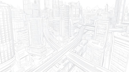 This detailed line art illustration presents a dynamic urban cityscape featuring skyscrapers and highways. The perspective view showcases intricate designs of modern architecture and urban infrastructure.の素材