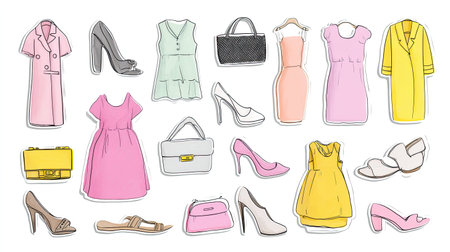 A vibrant and artistic illustration of various fashion items, including dresses, shoes, and handbags, ideal for fashion-related projects or marketing.の素材