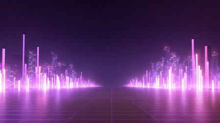 A captivating urban landscape featuring glowing neon lights and a vibrant digital ambiance, showcasing a futuristic city at twilight with a cyberpunk aesthetic.の素材