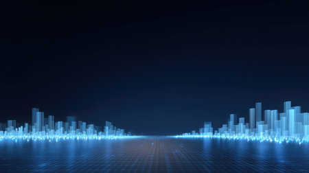 This captivating image showcases an abstract digital landscape featuring glowing blue bars against a dark backdrop. Perfect for technology themes.の素材