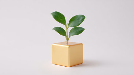 A striking image showcasing a green plant with bold leaves placed in a golden cube planter. This piece highlights the beauty of nature within modern design settings.の素材