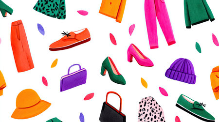 This vibrant flat lay pattern features a variety of colorful fashion accessories and apparel items, creating a lively and stylish design perfect for textile and graphic projects.の素材