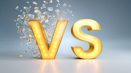 Eye-catching visual featuring illuminated text elements with a shattered glass effect, perfect for conveying competition or contrast in creative projects.の素材