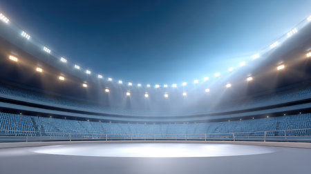 A striking view of a modern sports arena featuring bright lights and empty seating, creating a perfect atmosphere for hosting thrilling events and competitions.の素材