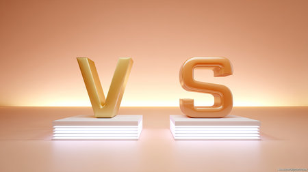 This striking image features bold gold and orange letters V and S situated on illuminated bases, creating a dynamic visual comparison. Perfect for creative projects.の素材