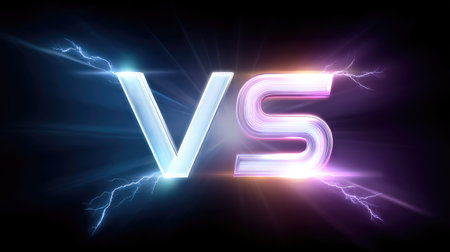 This modern and dynamic design portrays the concept of competition through a striking "VS" illustration, enhanced with electric sparks and vibrant colors.の素材
