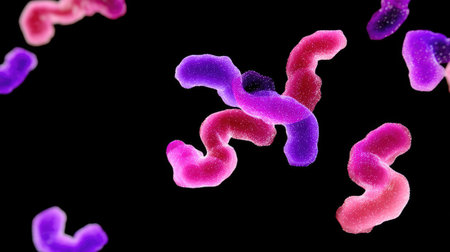 This striking image showcases vibrant organic shapes in hues of pink, purple, and blue, creating a captivating visual experience. The black backdrop enhances its dynamic and modern aesthetic, making it ideal for various creative projects.の素材