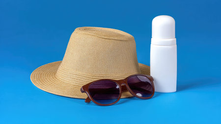 A vibrant composition featuring a straw hat, stylish sunglasses, and a bottle of sunscreen on a bright blue background, perfect for summer adventures.の素材