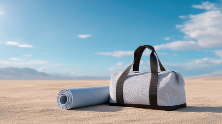 This image features a stylish gym bag and a rolled yoga mat, resting on sandy terrain under a vibrant blue sky, perfect for fitness enthusiasts.の素材