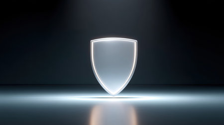 This image features a sleek and futuristic glowing shield symbol set against a dark background, perfect for visualizing themes of security and protection.の素材