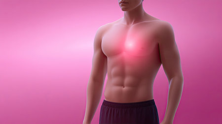 This vibrant illustration features a male torso with a glowing highlight on the chest area, symbolizing health and anatomical concepts in a modern design.の素材