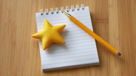 A bright yellow star toy and pencil are placed on a blank notepad with a wooden background, perfect for capturing creative ideas and notes effortlessly.の素材