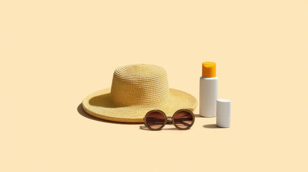 This image showcases essential summer items including a bright yellow hat, stylish sunglasses, and a sunscreen bottle, perfect for a day outdoors.の素材