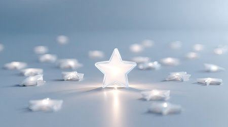 A glowing transparent star radiates warmth among scattered shimmering star shapes on a soft blue background, creating a magical ambiance perfect for celebrations.の素材