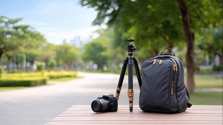 A stunning outdoor scene featuring a camera, tripod, and backpack on a wooden table, surrounded by lush greenery and pathways, ideal for photography enthusiasts.の素材