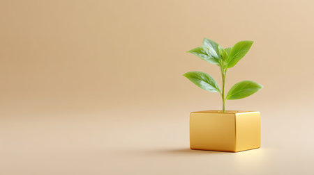 A fresh green plant emerges from a modern golden planter, set against a soft beige background, showcasing a minimalist design and natural beauty.の素材