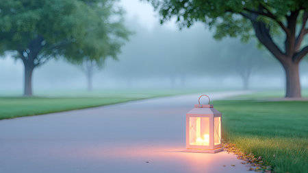 A serene scene featuring a glowing lantern placed along a quiet walking path in a misty forest, inviting tranquility and reflection amidst nature's beauty.の素材