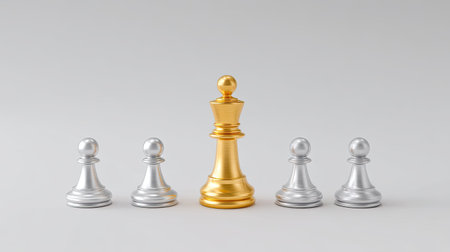A striking image of a golden chess king positioned prominently among silver pawns, representing themes of leadership, strategy, and competition in gaming.の素材