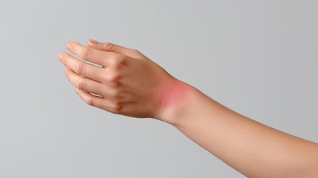 This image features a human hand with noticeable skin irritation on the wrist, highlighting themes of health, wellness, and skincare. Perfect for health-related content.の素材