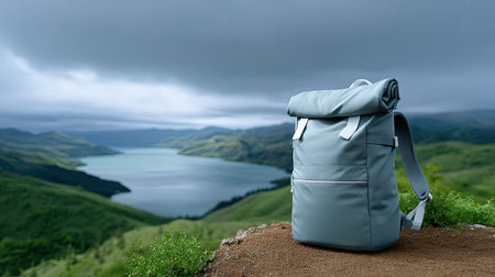 A stylish backpack rests on rocky terrain with a scenic lake and rolling green hills in the background. The dramatic clouds add depth to the serene outdoor atmosphere.の素材