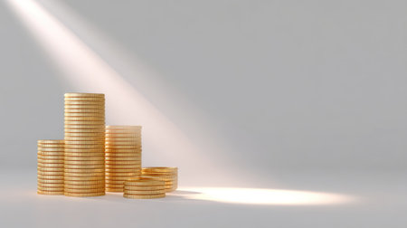 A stunning arrangement of stacked gold coins illuminated by soft rays of light, symbolizing financial growth and prosperity in a minimalistic design.の素材