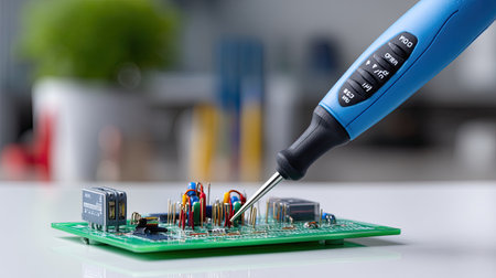 A close-up view of a precision screwdriver engaging with a circuit board featuring vibrant electronic components placed on a modern workspace.の素材