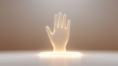 This artistic image features a glowing hand sculpture, set against a minimalist background, symbolizing creativity and modern design in a unique style.の素材