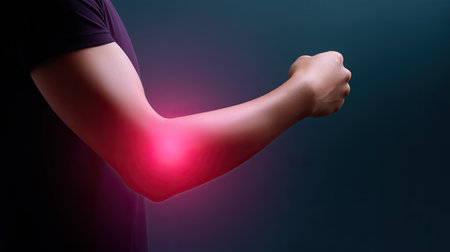 Close-up image depicting a person's elbow with a red light, symbolizing pain or discomfort in the joint and surrounding muscle, highlighting health concerns.の素材