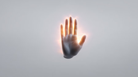 This image captures a futuristic hand gesture with a soft glowing effect, symbolizing safety and innovation on a minimalistic background, ideal for various creative projects.の素材