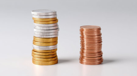 This image features distinct stacks of coins, showcasing different materials and heights, symbolizing the themes of finance, savings, and economic value.の素材