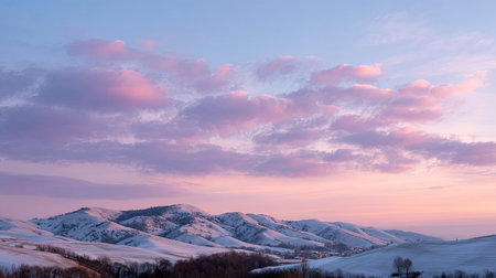 Capture a breathtaking winter landscape showcasing snow-covered hills and vibrant clouds during sunset, evoking a sense of peace and tranquility.の素材