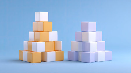 A captivating arrangement of colorful building blocks stacked into pyramids, perfect for educational activities, playtime, and creative inspiration against a soft blue backdrop.の素材