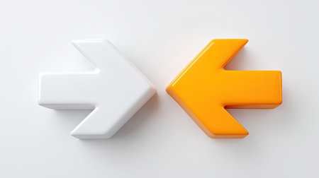 Two bold arrows, one white and one orange, create a strong visual representation of choice and direction in modern design aesthetics.の素材