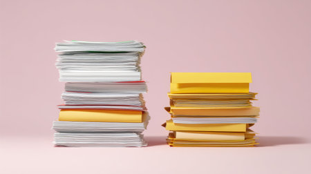 This image showcases stacks of colorful paper and documents arranged neatly against a soft pink background, highlighting themes of organization and creativity in an office setting.の素材