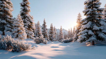 A breathtaking winter scene featuring snow-covered pine trees illuminated by soft sunlight. The tranquil landscape evokes a sense of serenity and natural beauty.の素材