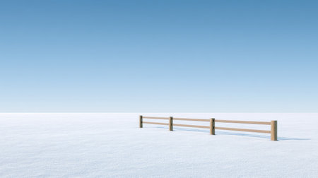 A minimalist winter landscape featuring a wooden fence set against a vast snowy expanse and a clear blue sky, evoking feelings of tranquility and serenity.の素材