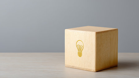 A clean and minimalist wooden cube featuring a light bulb symbol, symbolizing ideas and creativity. Ideal for modern design and artistic projects.の素材