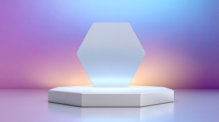 A sleek, hexagonal podium set against a gradient background of soft colors, perfect for showcasing products in a modern and stylish way.の素材
