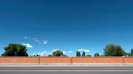 A vibrant blue sky with fluffy clouds stretches over a striking red brick wall, framed by lush green trees in a peaceful suburban setting.の素材